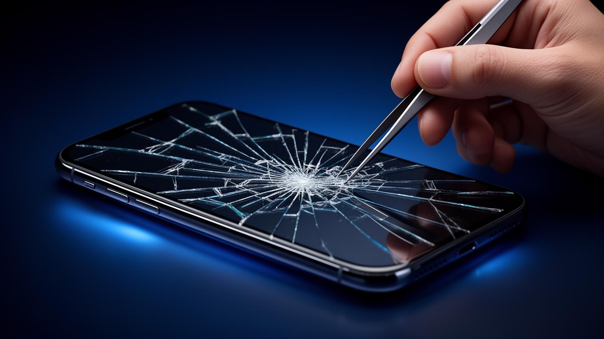 Technician repairing a cracked iPhone screen with precision tweezers