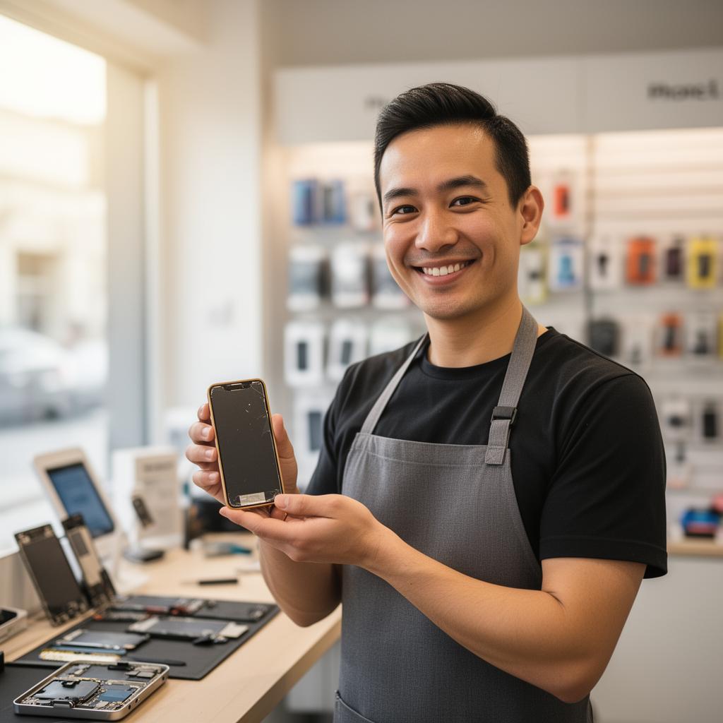 Friendly Screensavers NI technician holding a repaired phone